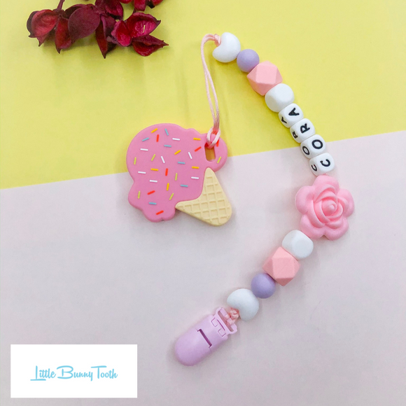 Pacifier Clip Set - Pink Ice Cream with big flower (PIC005)