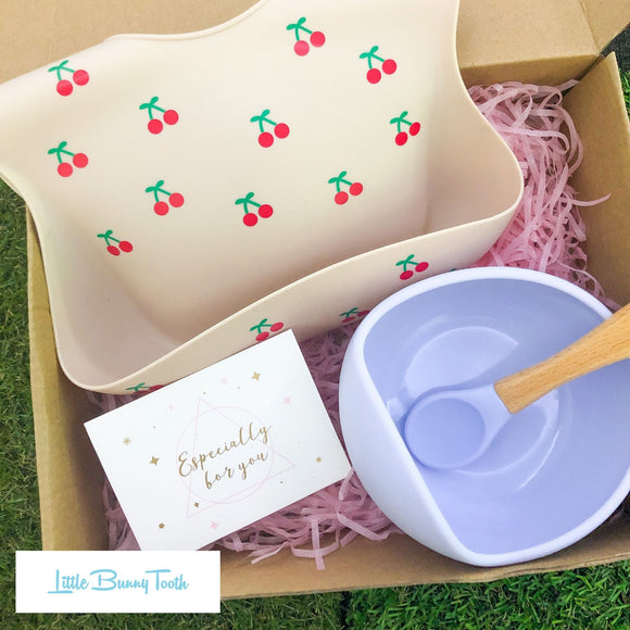 Cherry Silicone Bib + Bowl + Spoon (Blue) - Gift Set