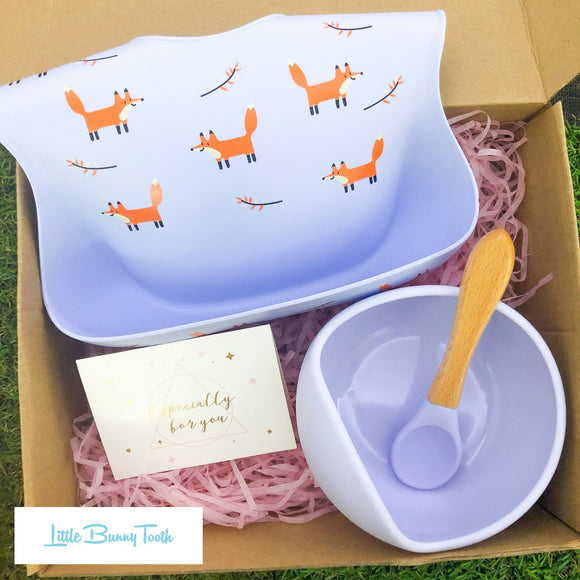 Fox Silicone Bib + Bowl + Spoon (Blue) - Gift Set