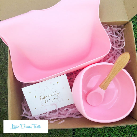 Silicone Bib + Bowl + Spoon (Pink) - Gift Set