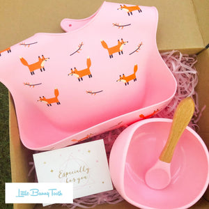 Fox Silicone Bib + Bowl + Spoon (Pink) - Gift Set