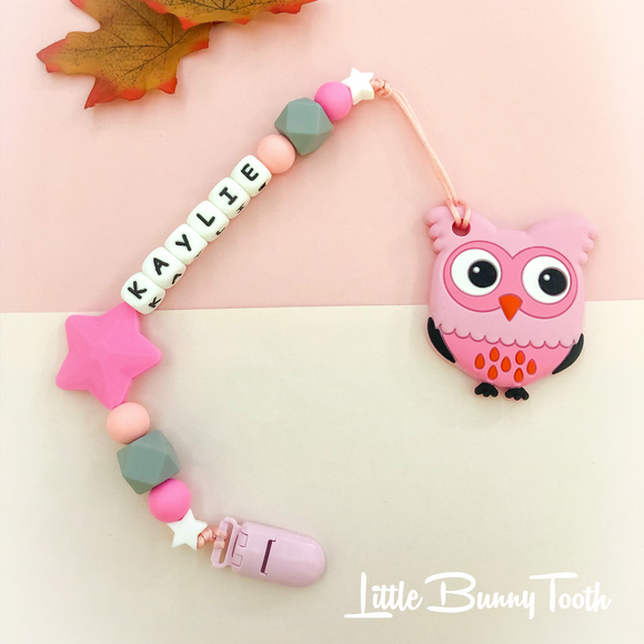 Pacifier Clip Set - Pink Owl with big star (PO002)