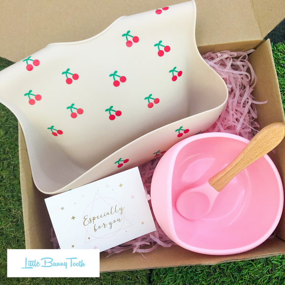 Cherry Silicone Bib + Bowl + Spoon (Pink) - Gift Set